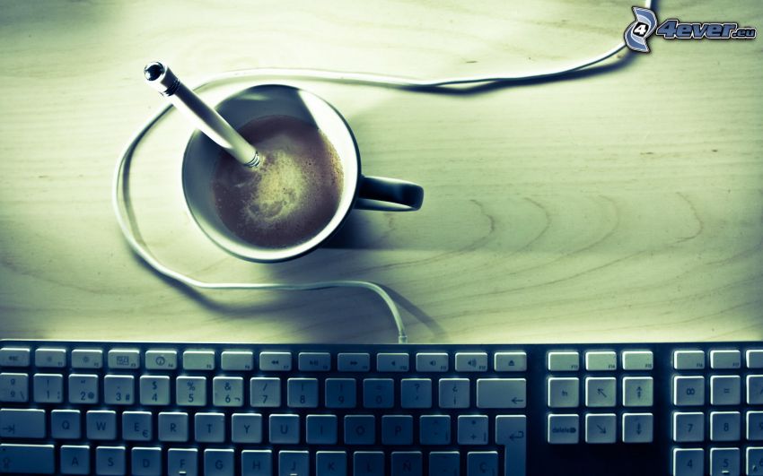 keyboard, cup of coffee