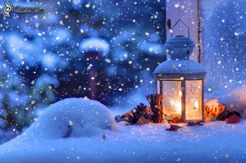 lanterns, candle, conifer cones, snow