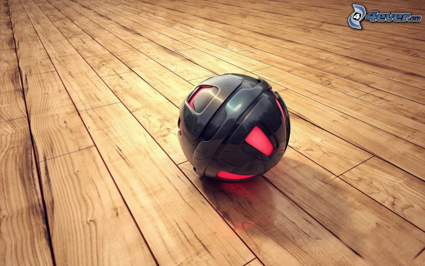 metallic ball, wooden floor