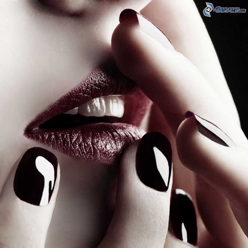 mouth, red lips, nail, hand