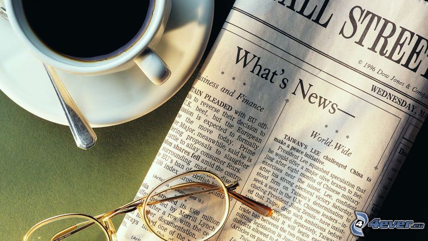newspapers, glasses, cup of coffee