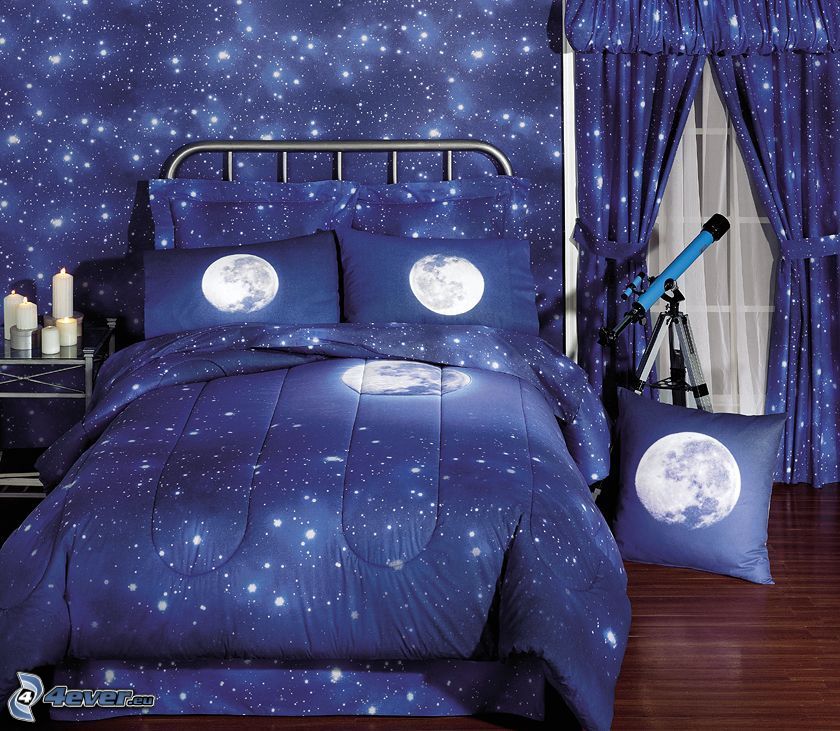 nursery, universe, binoculars, sky, bed