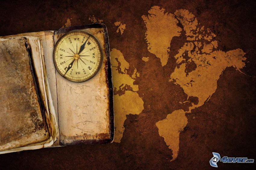 old book, compass, world map