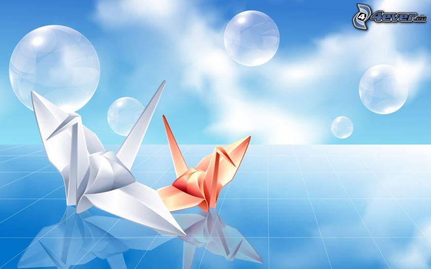 origami, swans, bubbles, blue background