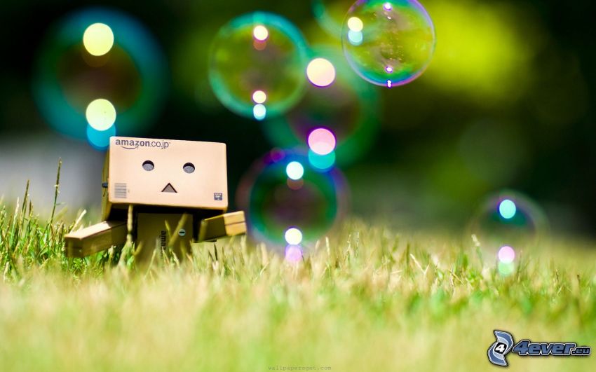 paper robot, bubbles, grass