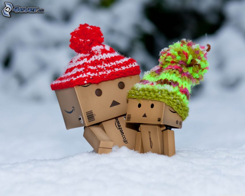 paper robot, hat, snow