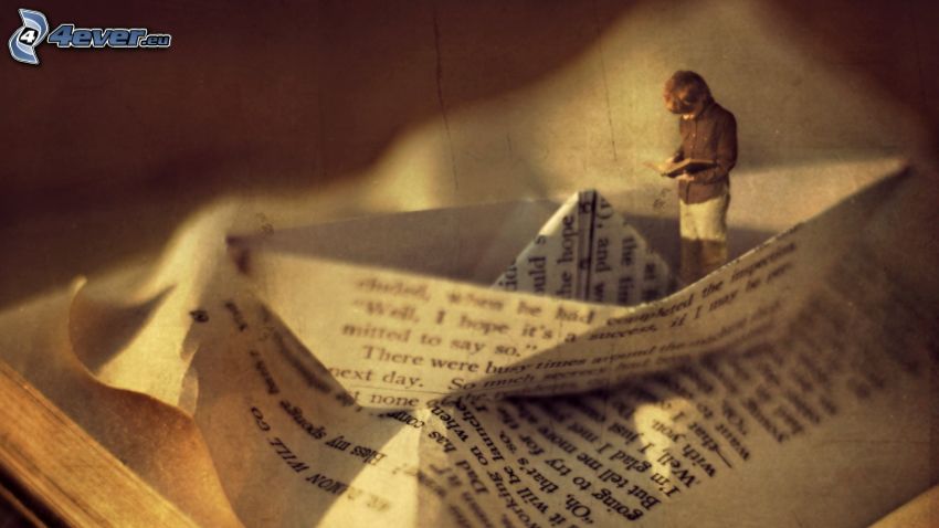 paper ship, boy, old book