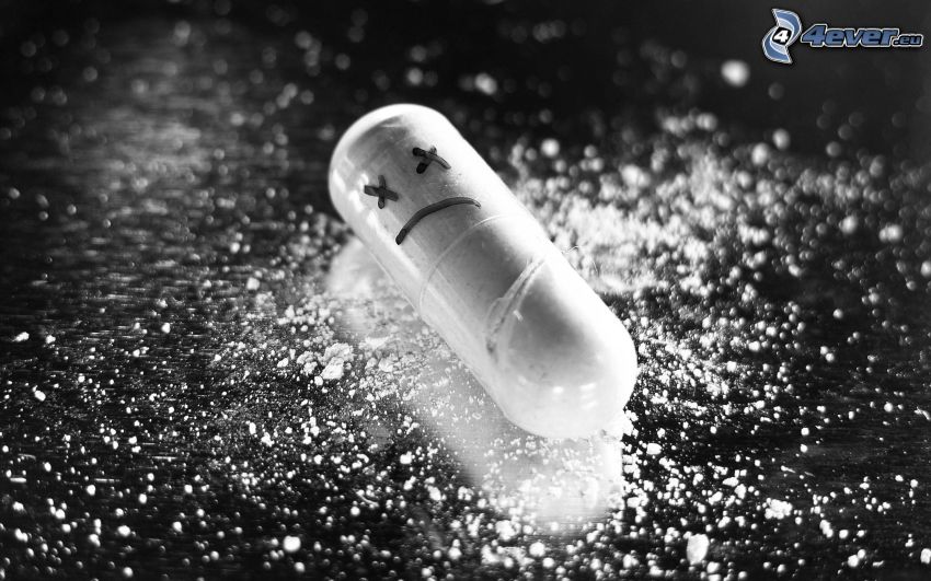 pill, smiley, powder, black and white photo