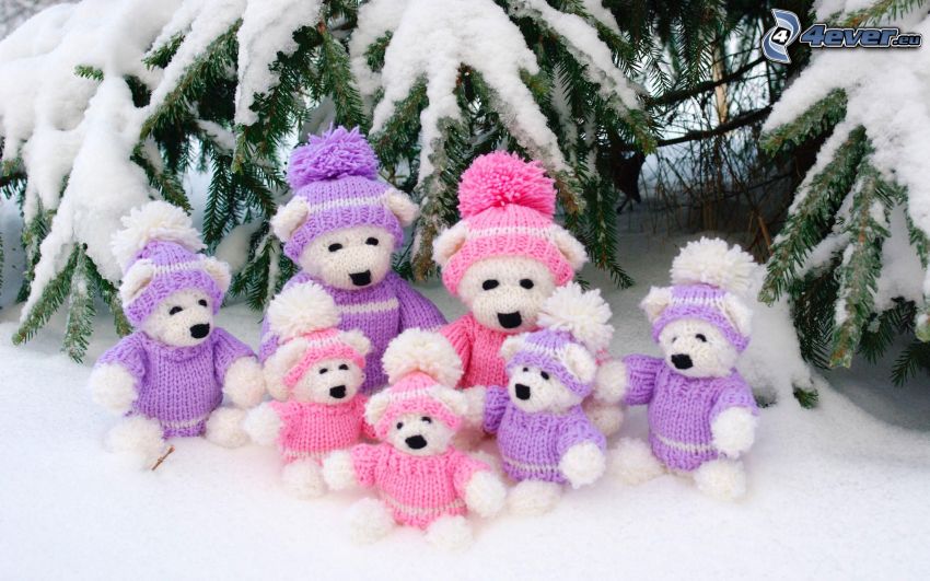 plush toys, snowy conifer, snow
