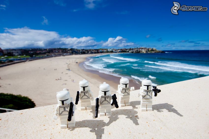 robots, figures, sea, beach