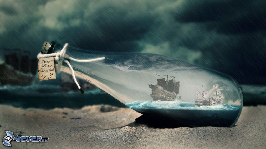 sailing ship in a bottle, rough sea, storm, dark clouds