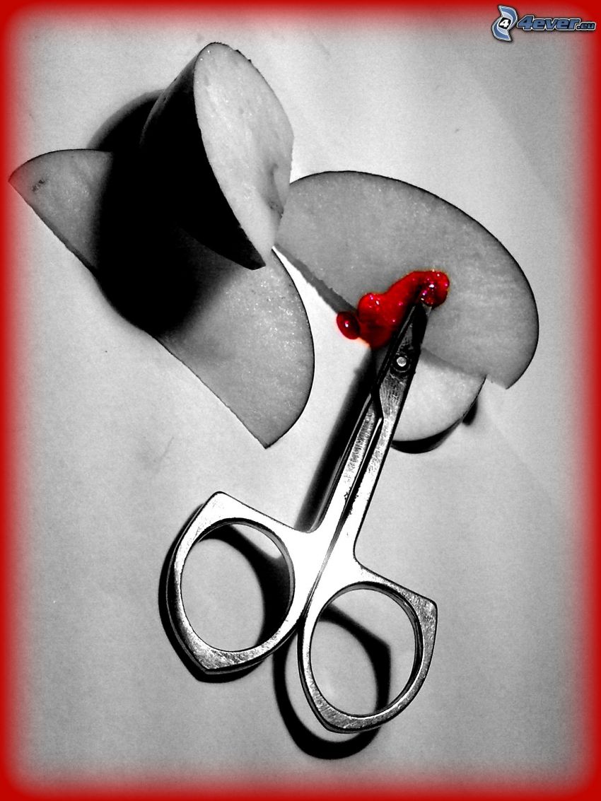 scissors, blood, sliced apple