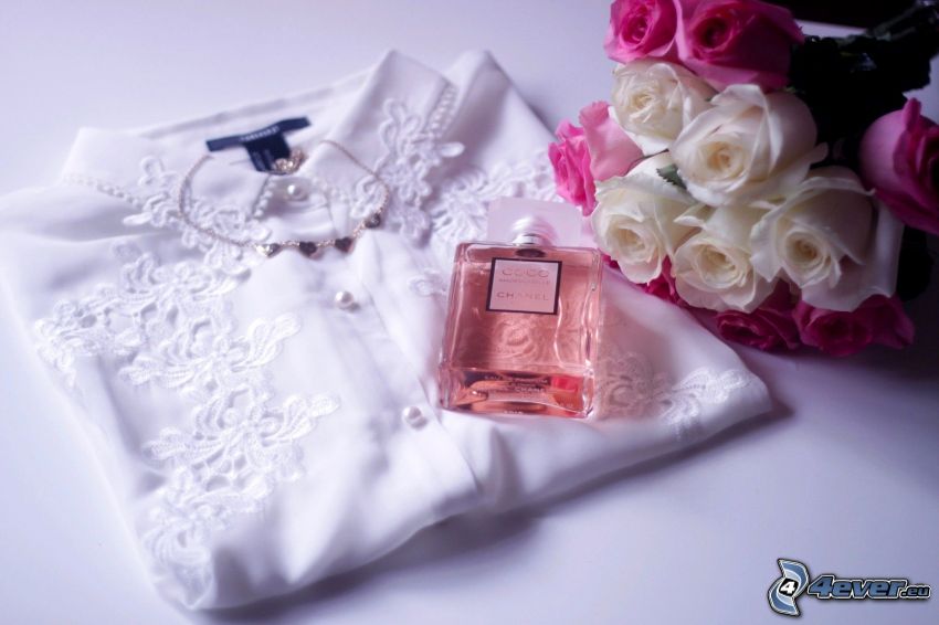 shirt, perfume, bouquet of roses
