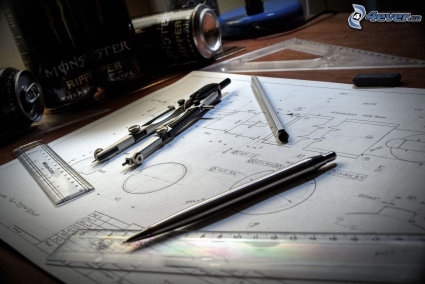 sketches, compass, ruler, pen, Monster