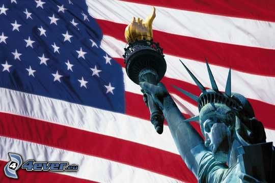 Statue of Liberty, the USA flag