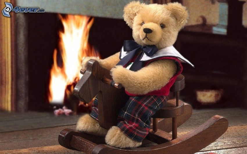 teddy bear, rocking horse, fireplace, fire