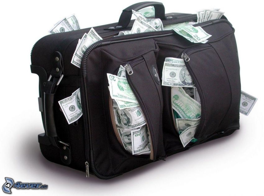 traveling bag, bank notes