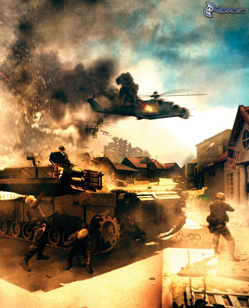 World in Conflict, war, tank, military helicopter, soldiers