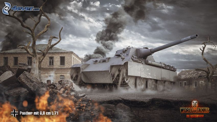 World of Tanks, tank, panther, building, dark clouds