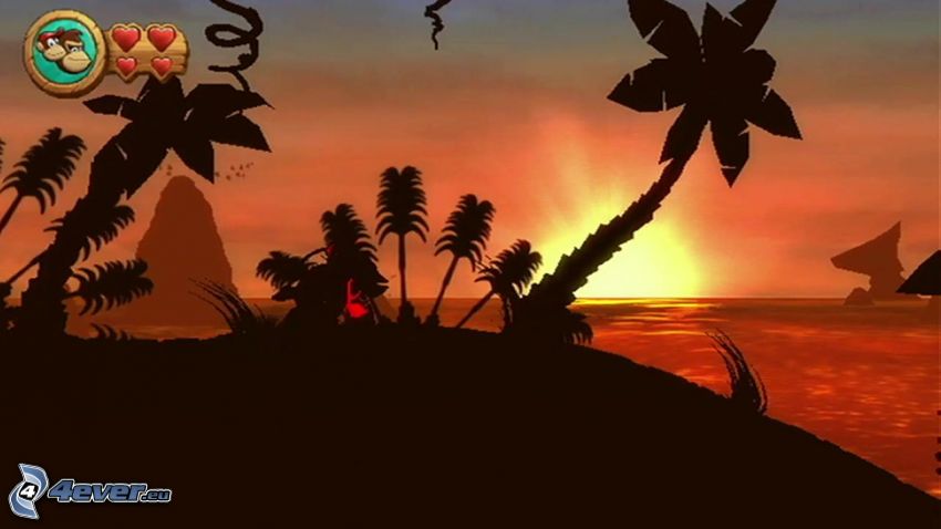 Donkey Kong Country Returns, sunset behind the sea, palm trees on the beach