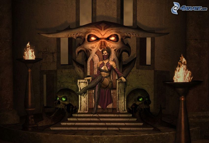 Mortal Kombat, woman, throne, skulls