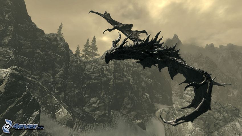 The Elder Scrolls Skyrim, flying dragon, black dragon