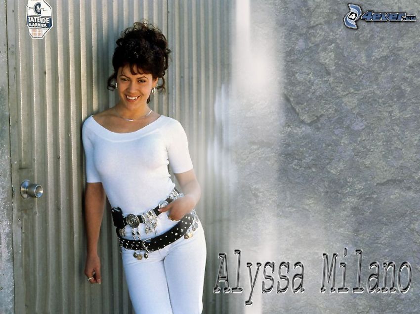 Alyssa Milano, actress, Phoebe, witches, Charmed, brown-haired woman, white T-shirt, pants, belt