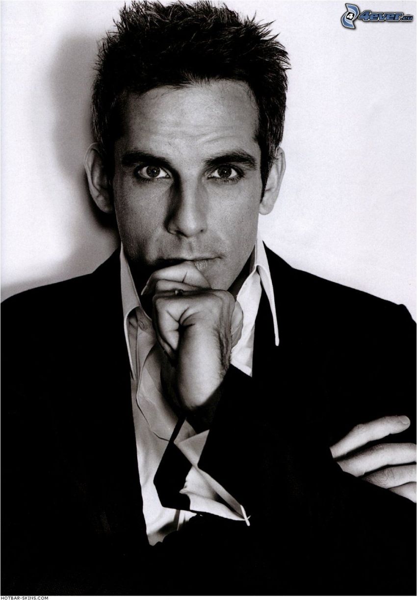 Ben Stiller, man in suit, black and white photo