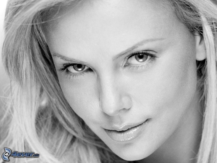 Charlize Theron, black and white photo