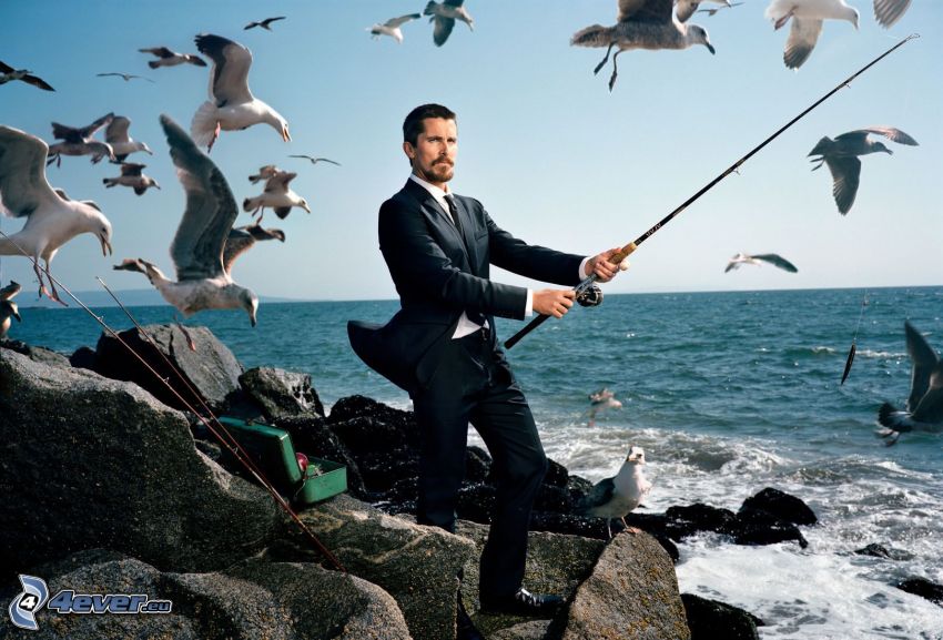 Christian Bale, gulls, sea, fishing