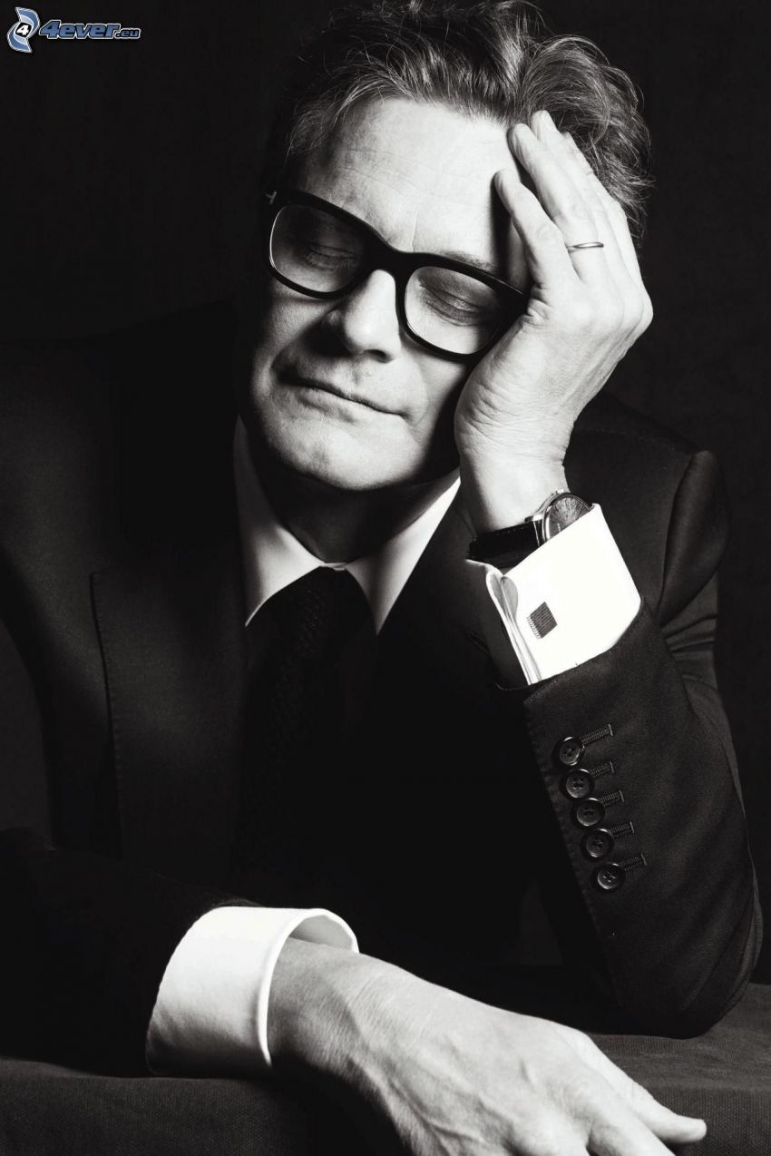 Colin Firth, man with glasses, black and white photo