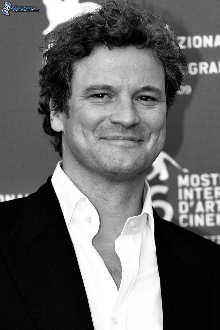 Colin Firth, smile, black and white photo