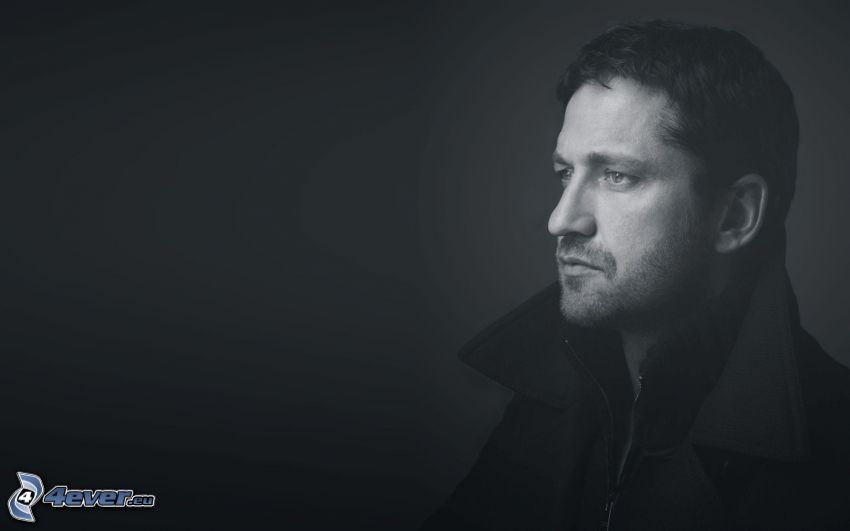 Gerard Butler, look, black and white photo