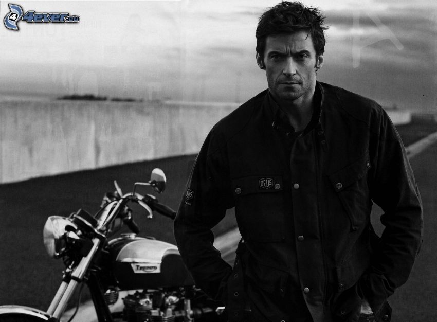 Hugh Jackman, black and white photo, motocycle