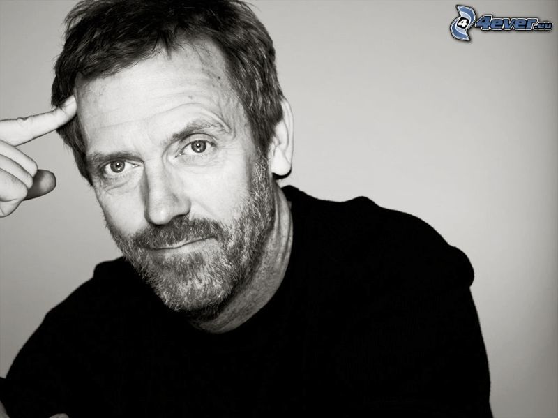 Hugh Laurie, black and white photo