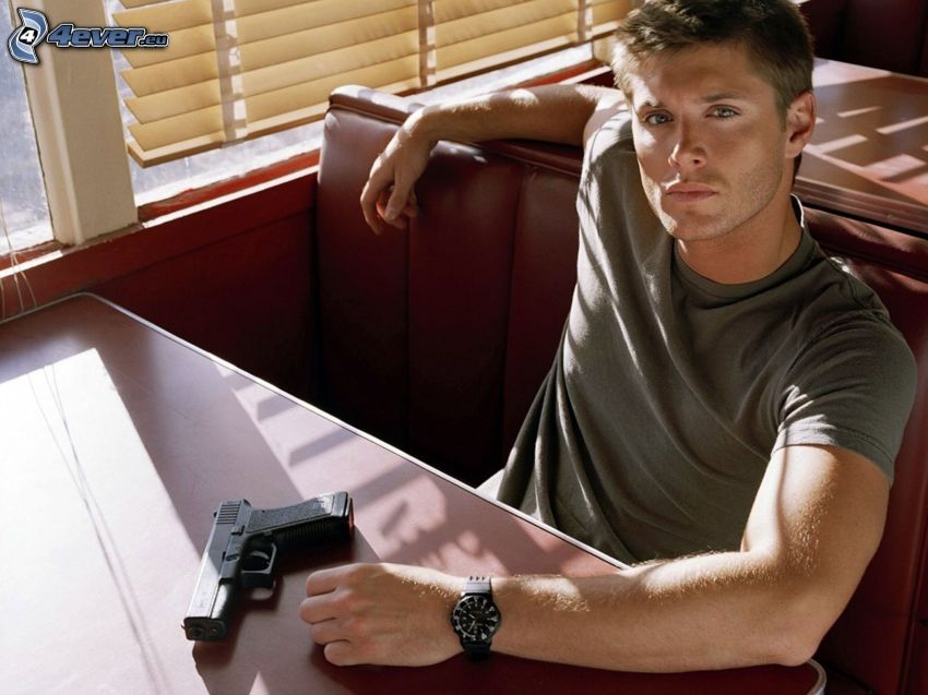 Jensen Ackles, man with a gun, pistol, restaurant