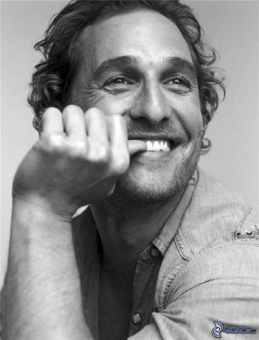 Matthew McConaughey, smile, black and white photo