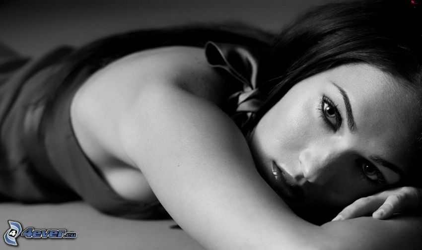 Megan Fox, black and white photo
