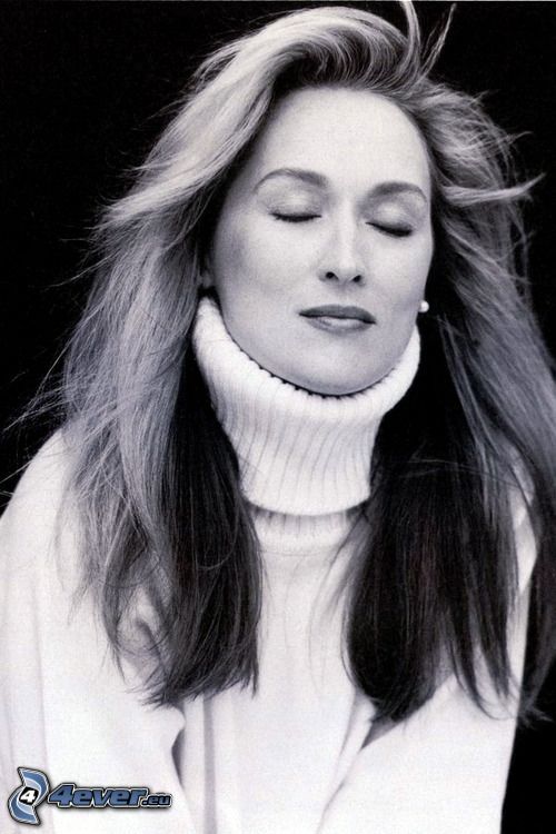 Meryl Streep, black and white photo, dreaming