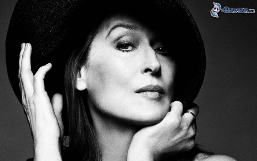Meryl Streep, hat, black and white photo
