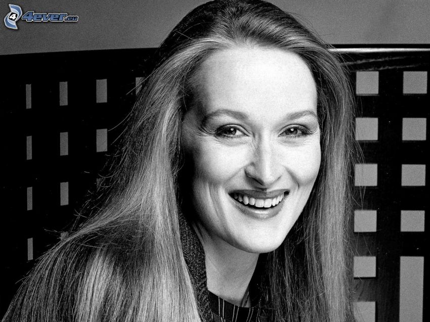 Meryl Streep, smile, black and white photo