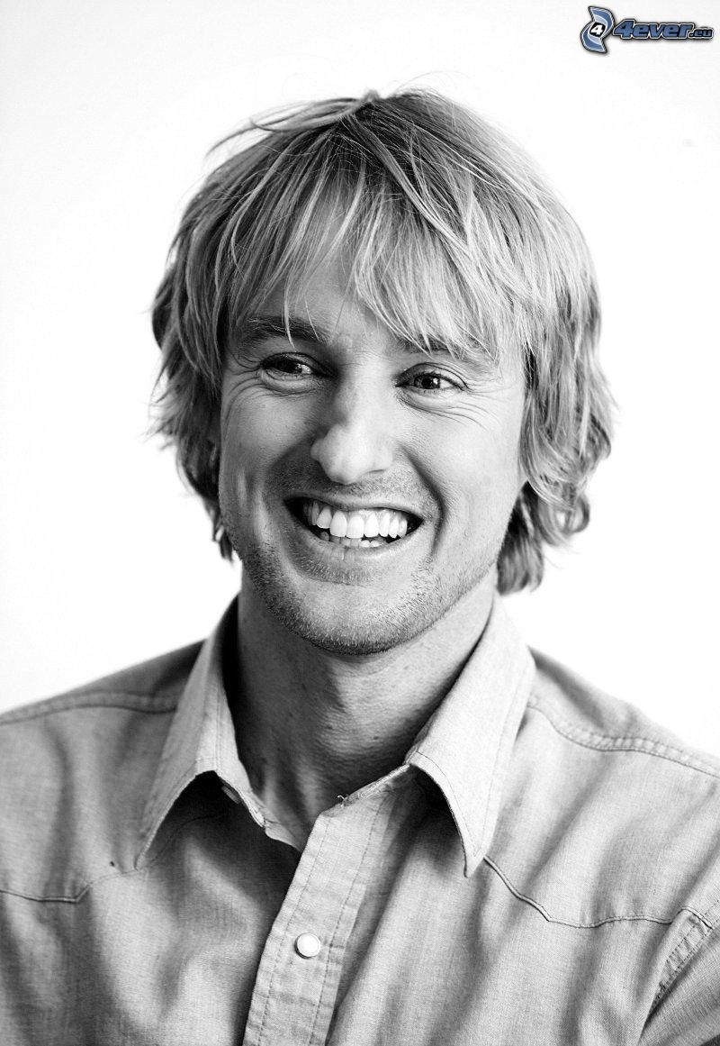 Owen Wilson, laughter, black and white photo