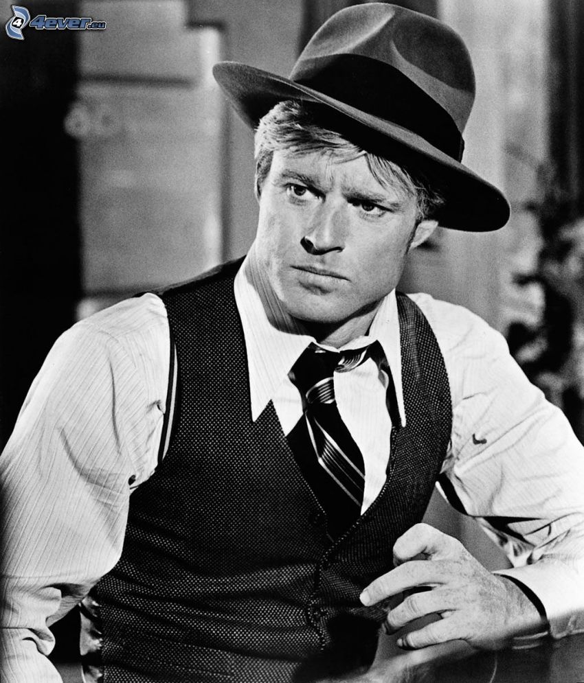 Robert Redford, a man in hat, black and white photo