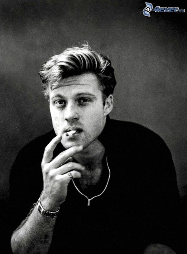 Robert Redford, smoking, black and white photo