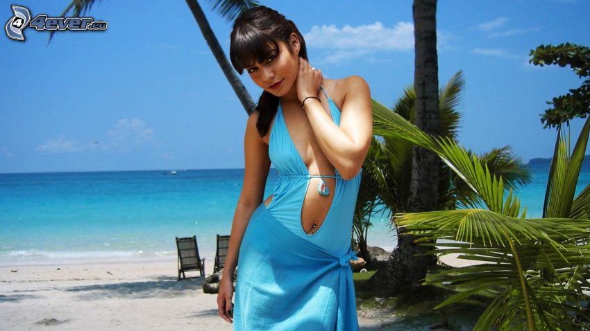 Vanessa Hudgens, woman in bikini, palm leaf, beach, sea