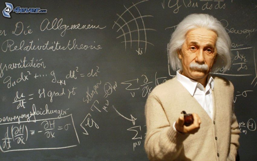 Albert Einstein, described board, mathematical equations