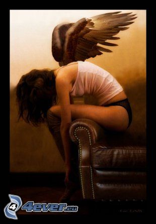 angel, girl, woman with wings, chair