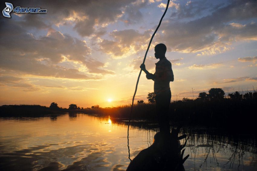 black man, hunting, River, sunset