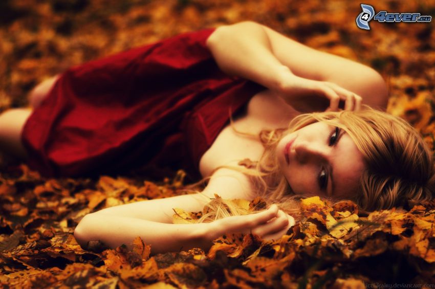 blonde, fallen leaves