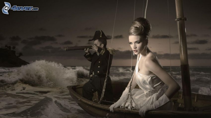 blonde, white dress, boat, sailor, sea